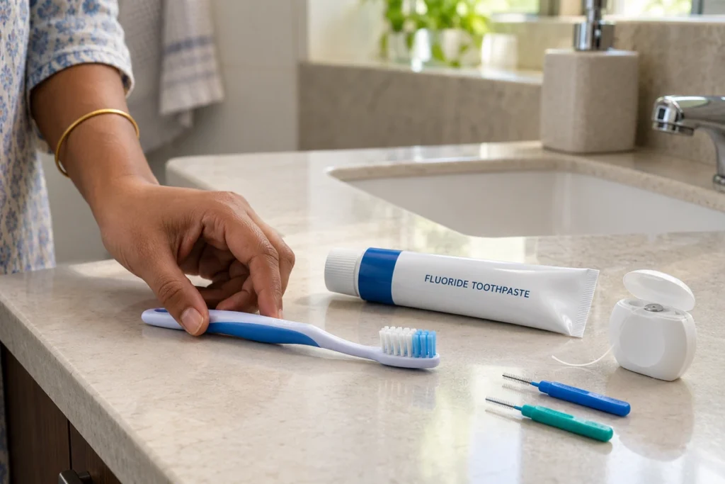 Hand holding a soft toothbrush beside fluoride toothpaste, dental floss and interdental brushes on a clean bathroom counter.