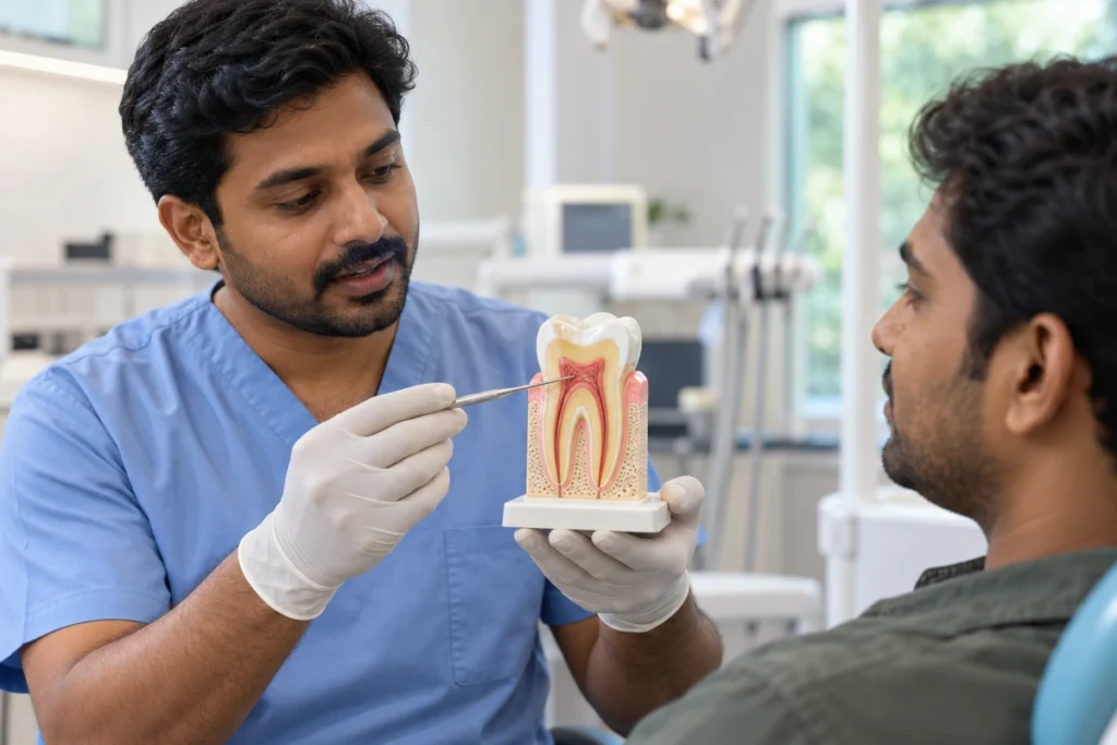 Dentist using a tooth model to explain the pulp chamber and root canals to an adult patient.